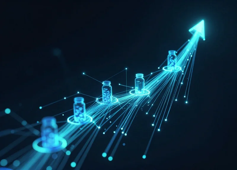 Abstract digital network visualization showing RFID signals connecting bottles to a central inventory database.