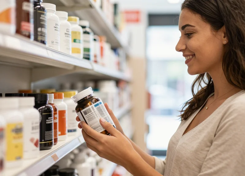 A customer comfortably holding a supplement bottle in a bright store, showing the security tag is non-disruptive.