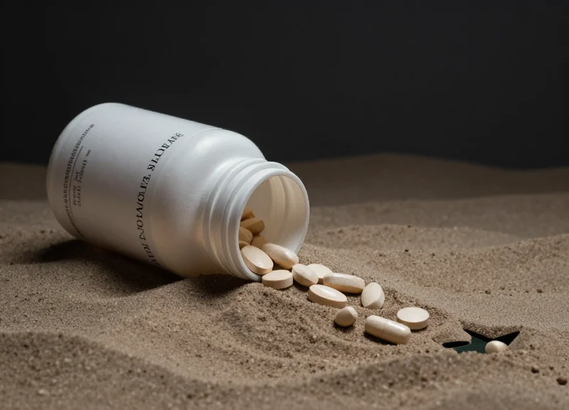 A conceptual illustration representing retail inventory shrinkage through a dissolving supplement bottle.