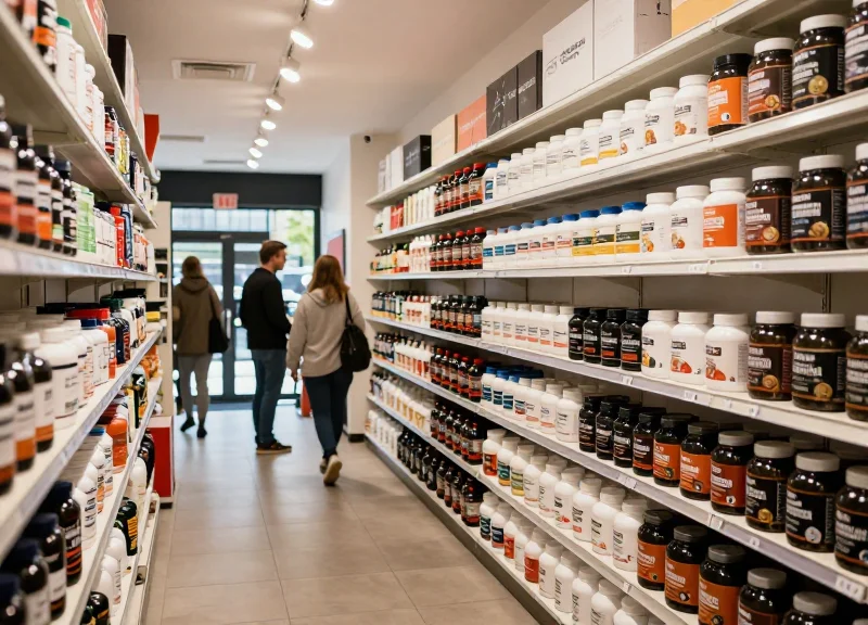 A modern supplement store aisle showing organized open-shelf merchandising.