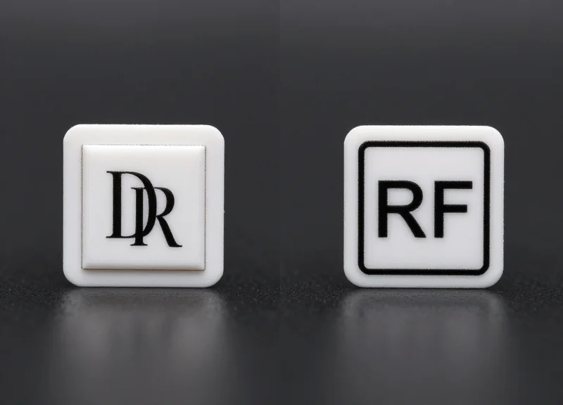 Side-by-side comparison of a DR security label and an RF security label.