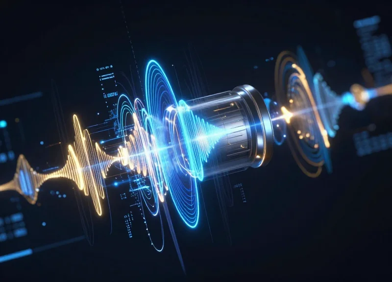 Abstract visualization of signal waves interacting with a metal surface.