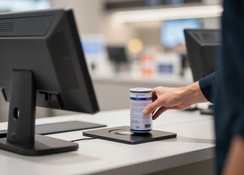 A retail worker scanning a product over a deactivator pad at a checkout counter.