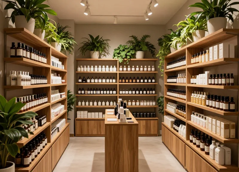 Modern boutique pharmacy interior with minimalist wooden shelving and upscale wellness products