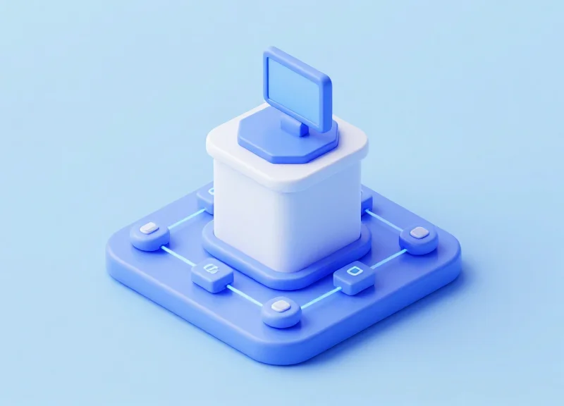 Isometric 3D visualization of a hybrid security system with glowing connection lines