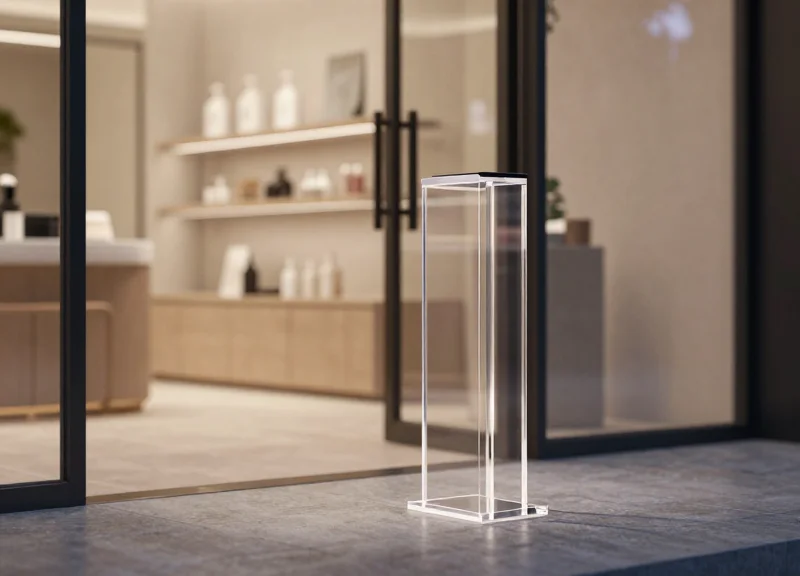 Sleek transparent security antenna at the entrance of a luxury retail store