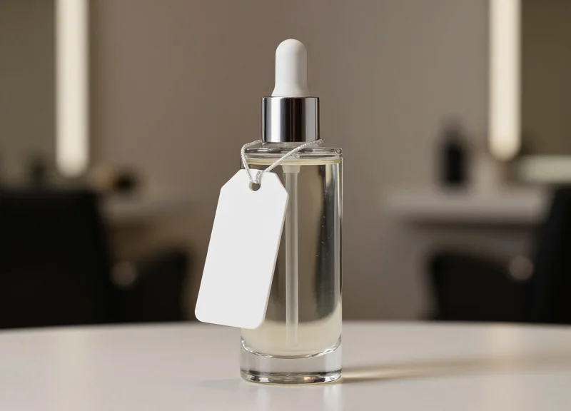 A luxury salon shampoo bottle with a small, discreet security tag attached, professional lighting