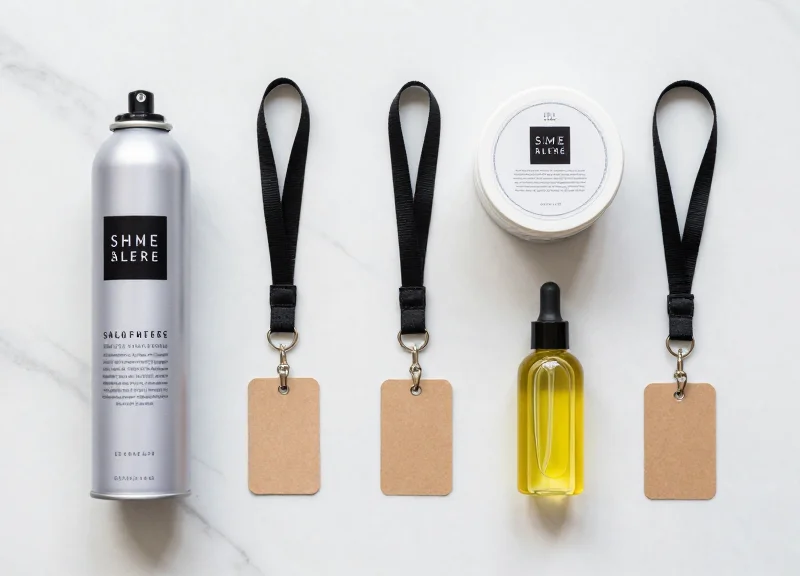 A variety of salon products like spray cans, tubs, and bottles arranged neatly with different security tag types