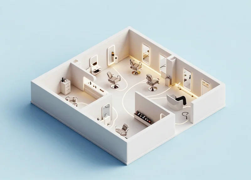 Isometric 3D model showing the implementation framework of security systems in a salon layout.