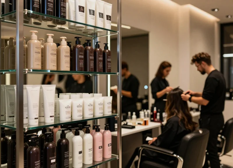 The interior of a high-end professional hair salon with modern decor and product displays