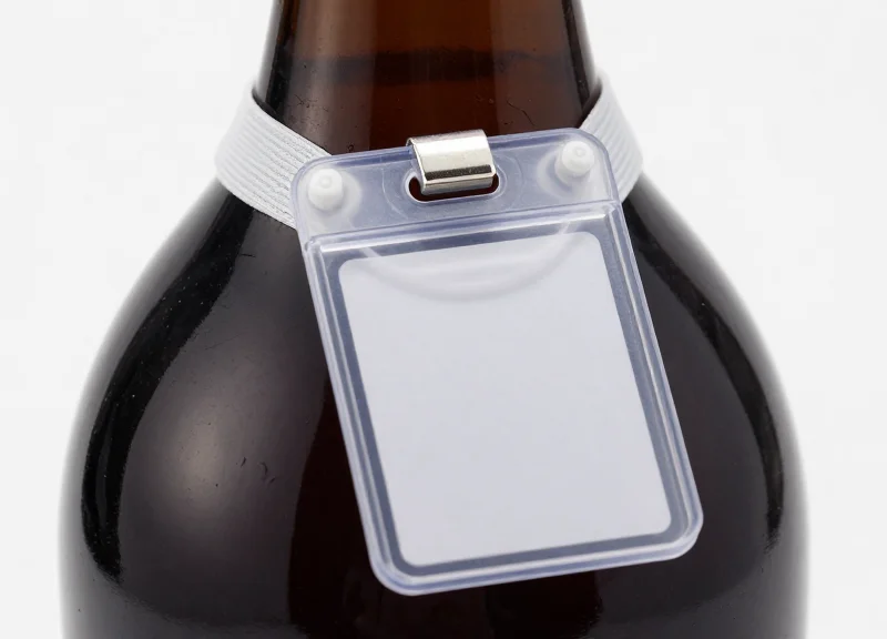 A specialized clear plastic security tag designed for bottled salon goods