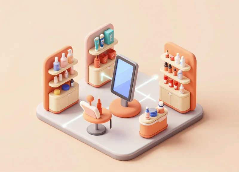 Isometric view of a salon inventory management system using RFID technology.