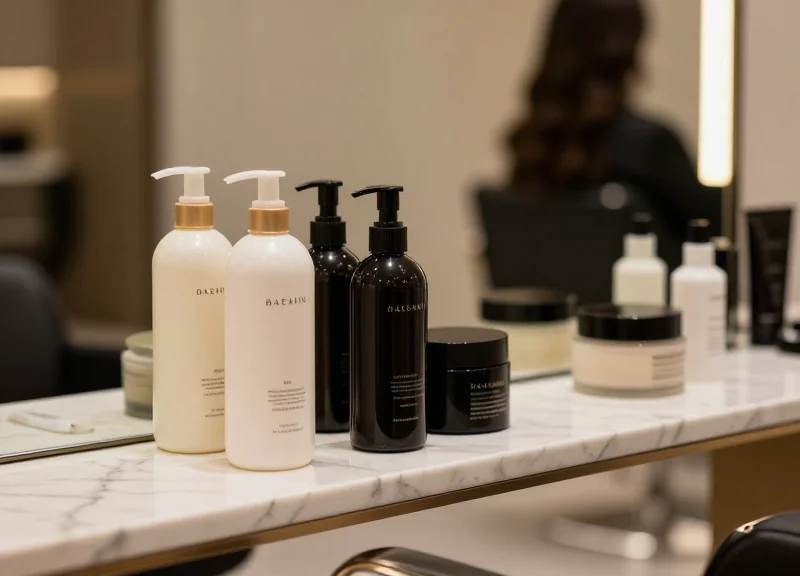 High-end beauty products on a salon shelf protected by modern security sensors.