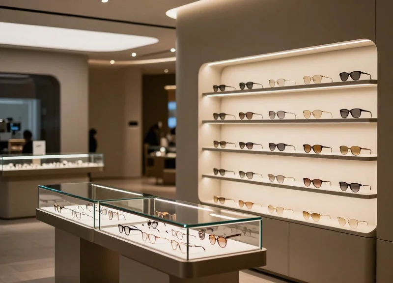 A futuristic luxury eyewear boutique with sleek minimalist displays and premium lighting.