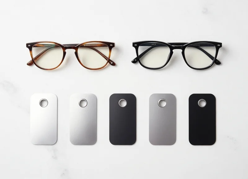 A collection of five different modern security tags for glasses arranged neatly on a marble surface.