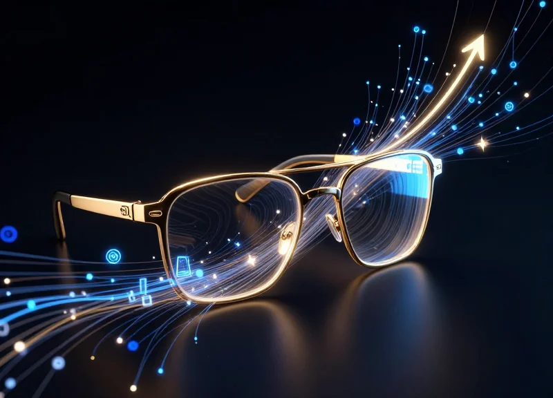 An abstract visualization of RFID signals and data streams emanating from a pair of glasses.