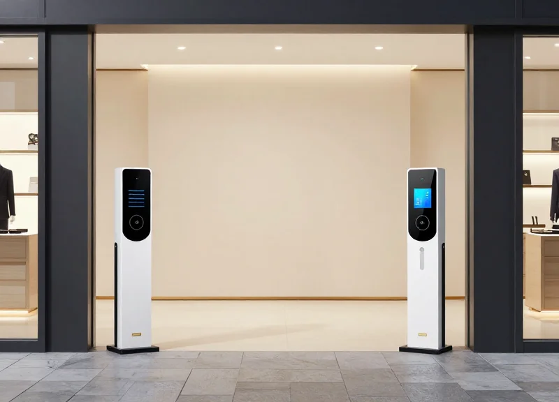 Two different types of retail security sensor gates shown side-by-side at a store entrance.