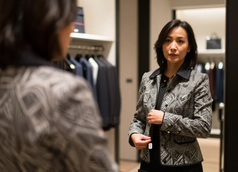 A customer in a high-end boutique trying on a stylish jacket in front of a mirror, highlighting the balance of security and comfort.