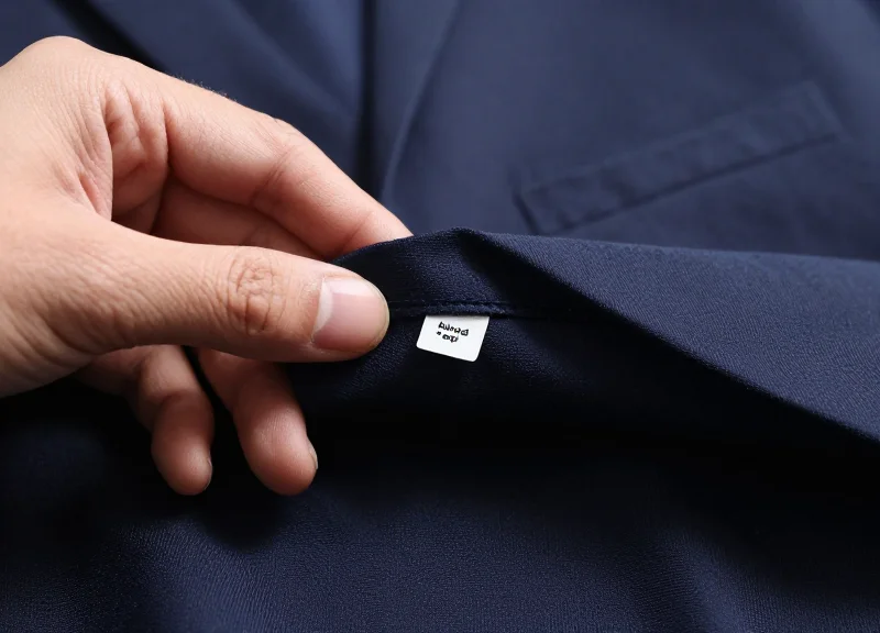 A close-up of a security tag placed discreetly on the inner seam of a garment.