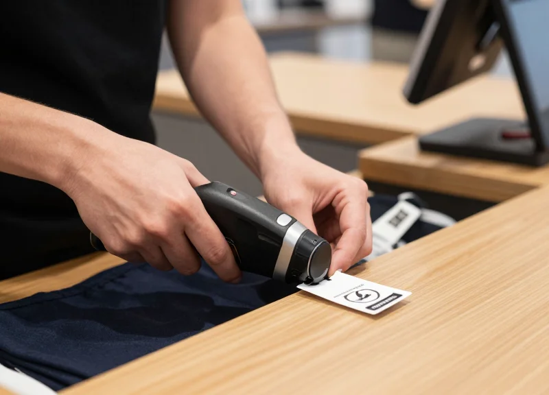 A retail worker using a magnetic detacher tool at a checkout counter.