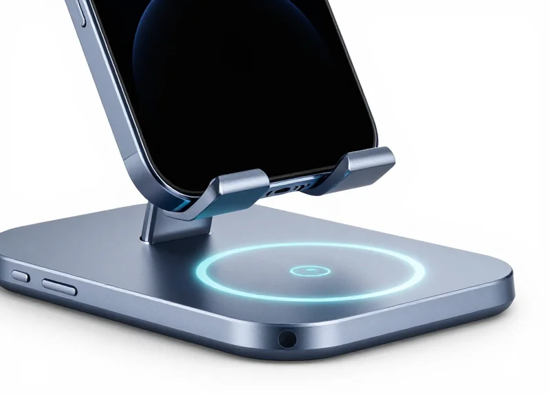 Sleek AI-powered mobile phone security stand with a futuristic metallic finish on a pure white background.