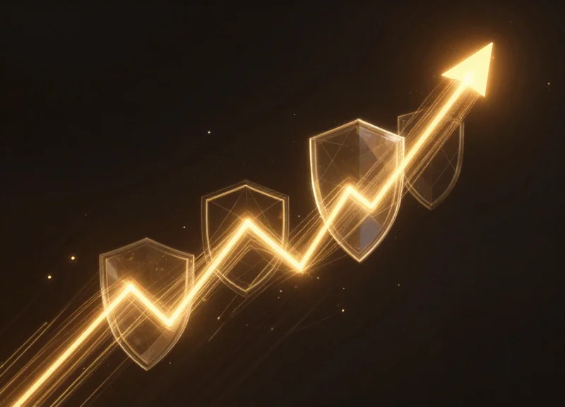 Abstract conceptual art representing ROI and retail security with upward trending light trails and protective shield icons.