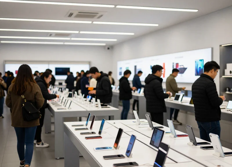 A busy modern electronics store with customers browsing smartphones and tablets on display tables.