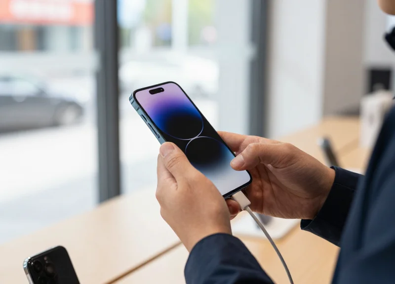 A close-up of a customer's hands holding and testing a smartphone secured by an integrated anti-theft cable.