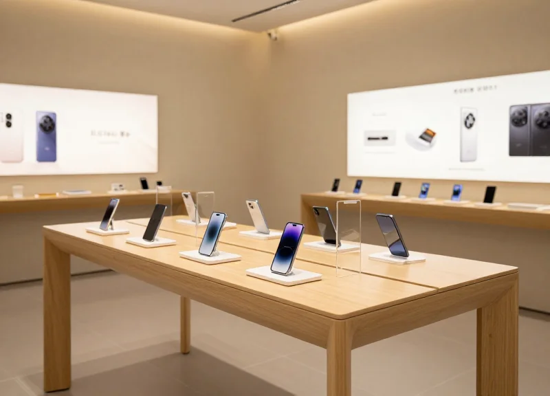 An elegant and clean retail display table showing perfectly aligned smartphones on security stands.