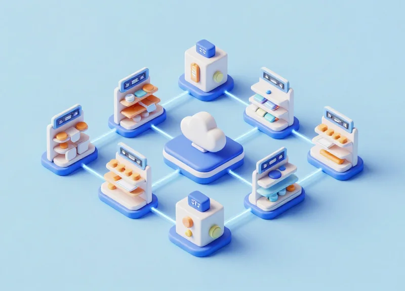 Isometric 3D model of a smart retail environment with interconnected security and tracking sensors.