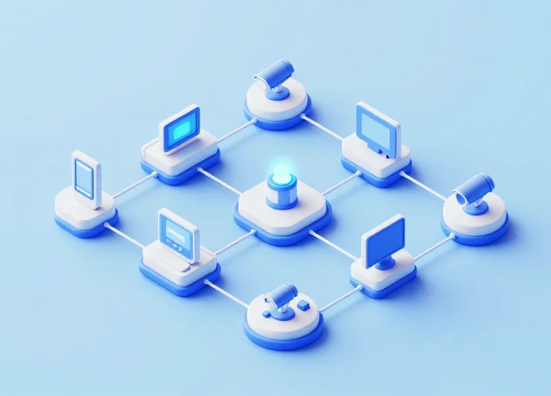 An isometric 3D model representing the architectural flow of a security alarm network in a retail store with connected nodes and display stands.
