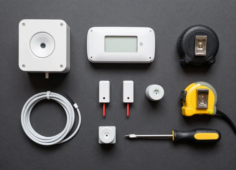A collection of security sensors and installation tools neatly organized on a workspace surface.