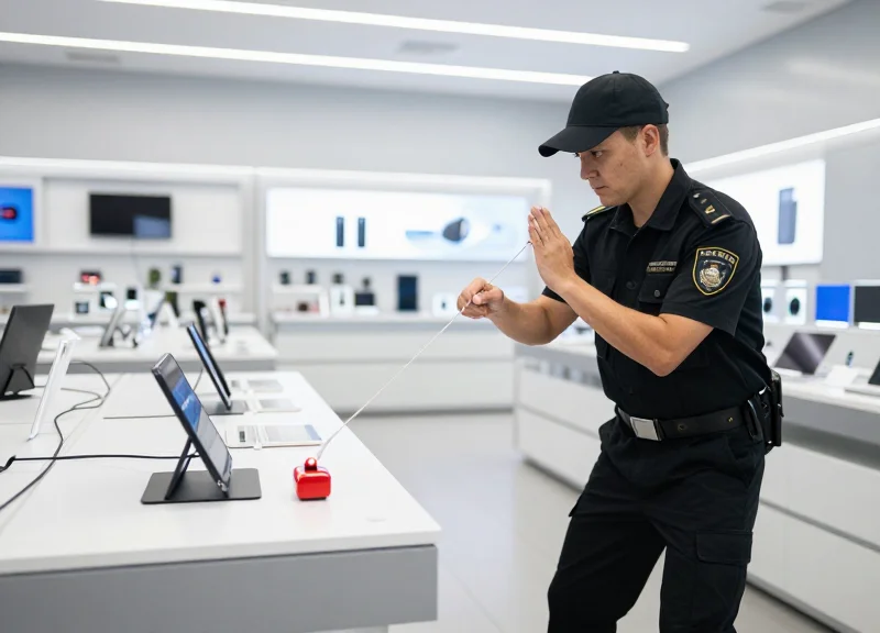 A store employee performing a security alarm test on a display tablet to ensure system readiness.