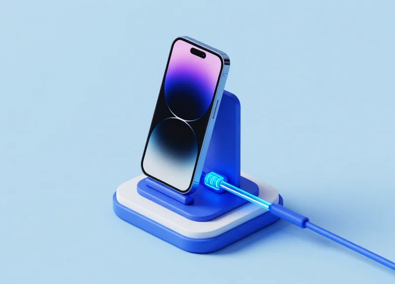 Isometric 3D view of a smartphone on a smart charging security stand with glowing energy lines.