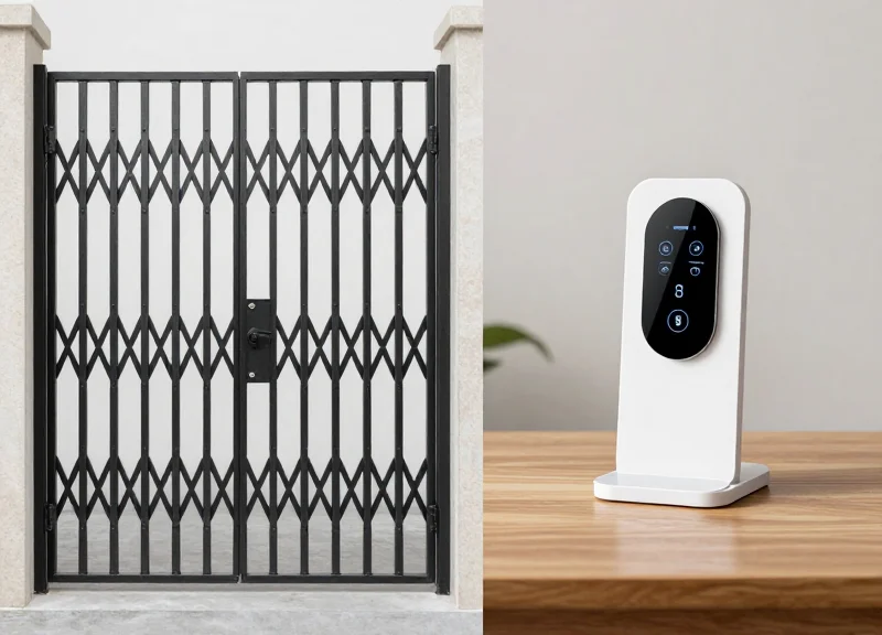 Side-by-side comparison of a bulky traditional security gate versus a sleek integrated charging stand on a display table.