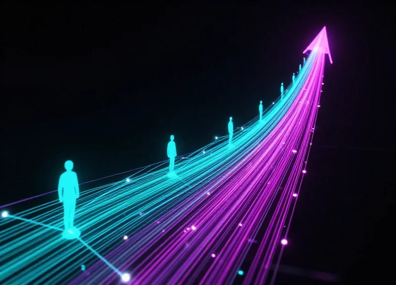 Abstract visualization of retail data flows with glowing nodes and shopper silhouettes.