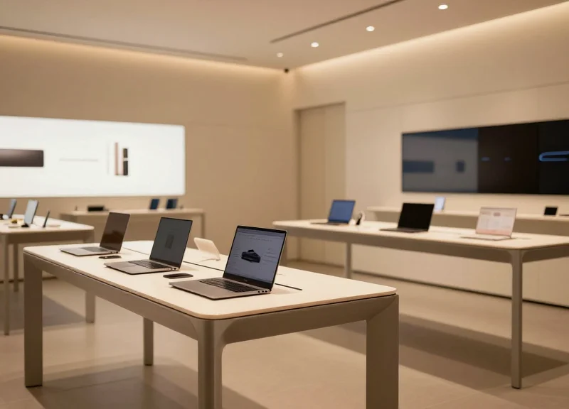 A luxury high-end electronics retail store with modern minimalist design and premium laptop displays.