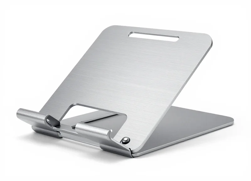 Close-up of a minimalist metallic laptop security stand with invisible protection features.