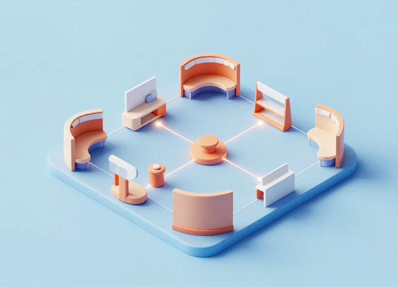 Isometric view of a modular retail floor plan with flexible security display units.