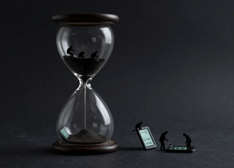 Surrealist illustration representing the steady loss of retail assets through a leaking hourglass