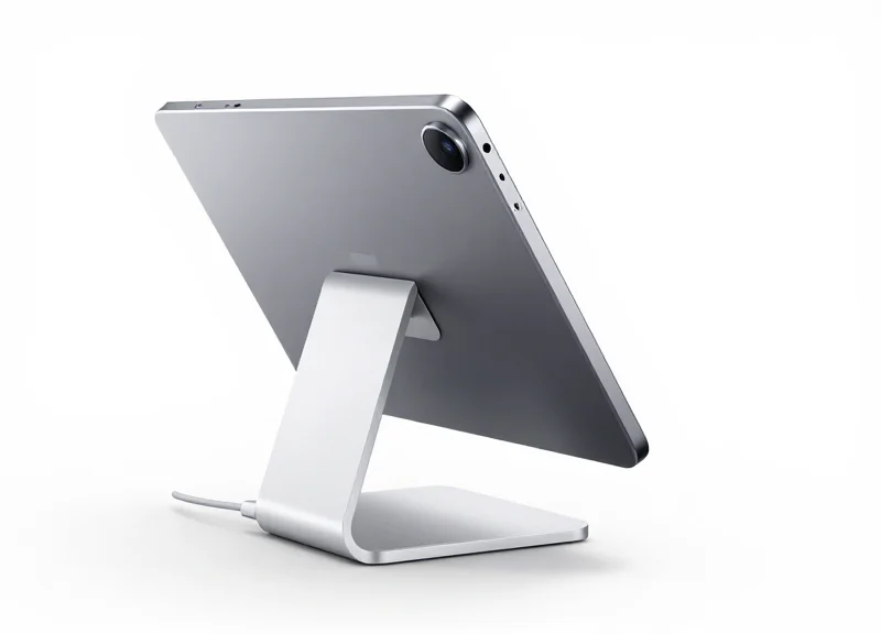 Close-up of an integrated tablet security and charging stand