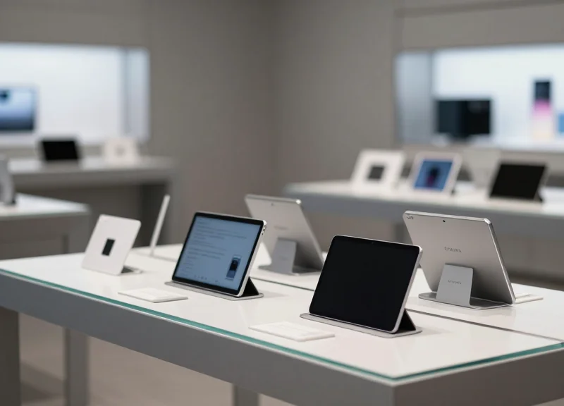 Modern retail store displaying electronics with security stands