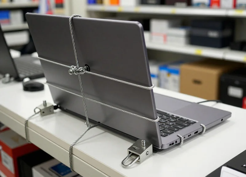 A close-up of a luxury laptop secured with heavy, tangled mechanical security cables in a retail setting.
