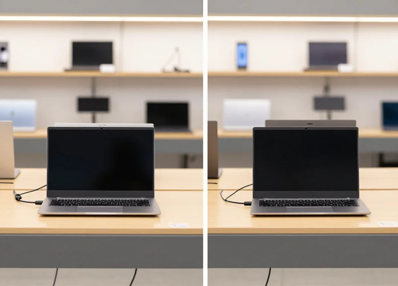 Split screen showing a cluttered cable-tied display versus a clean wireless device display.