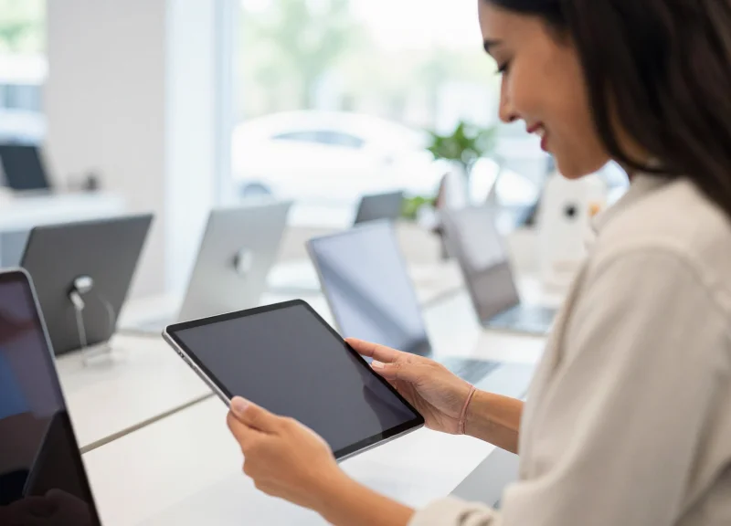 A customer comfortably holding a wireless tablet in a modern electronics store.