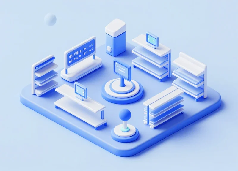 3D model of a retail ecosystem with integrated security and digital price tags.