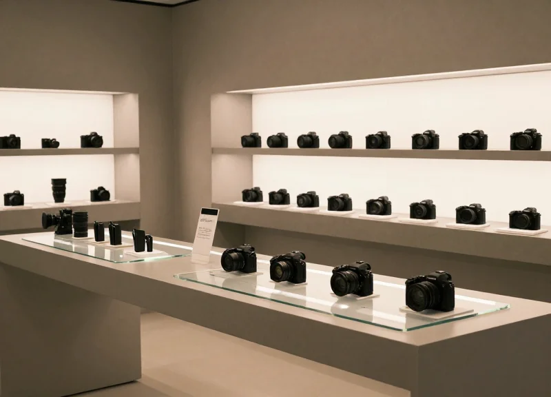 A modern and futuristic camera retail store interior with minimalist display counters and high-end equipment.