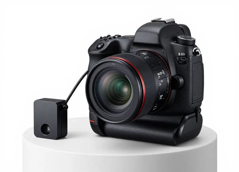 A professional camera body secured on a modern retail alarm pedestal with a tether.