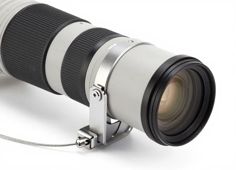 A detachable camera lens secured with a specialized mechanical security ring and metal cable.