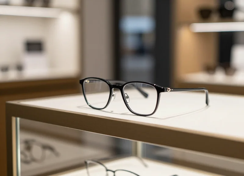 Close-up of luxury eyeglasses on a high-end backlit display shelf in a premium optical boutique.